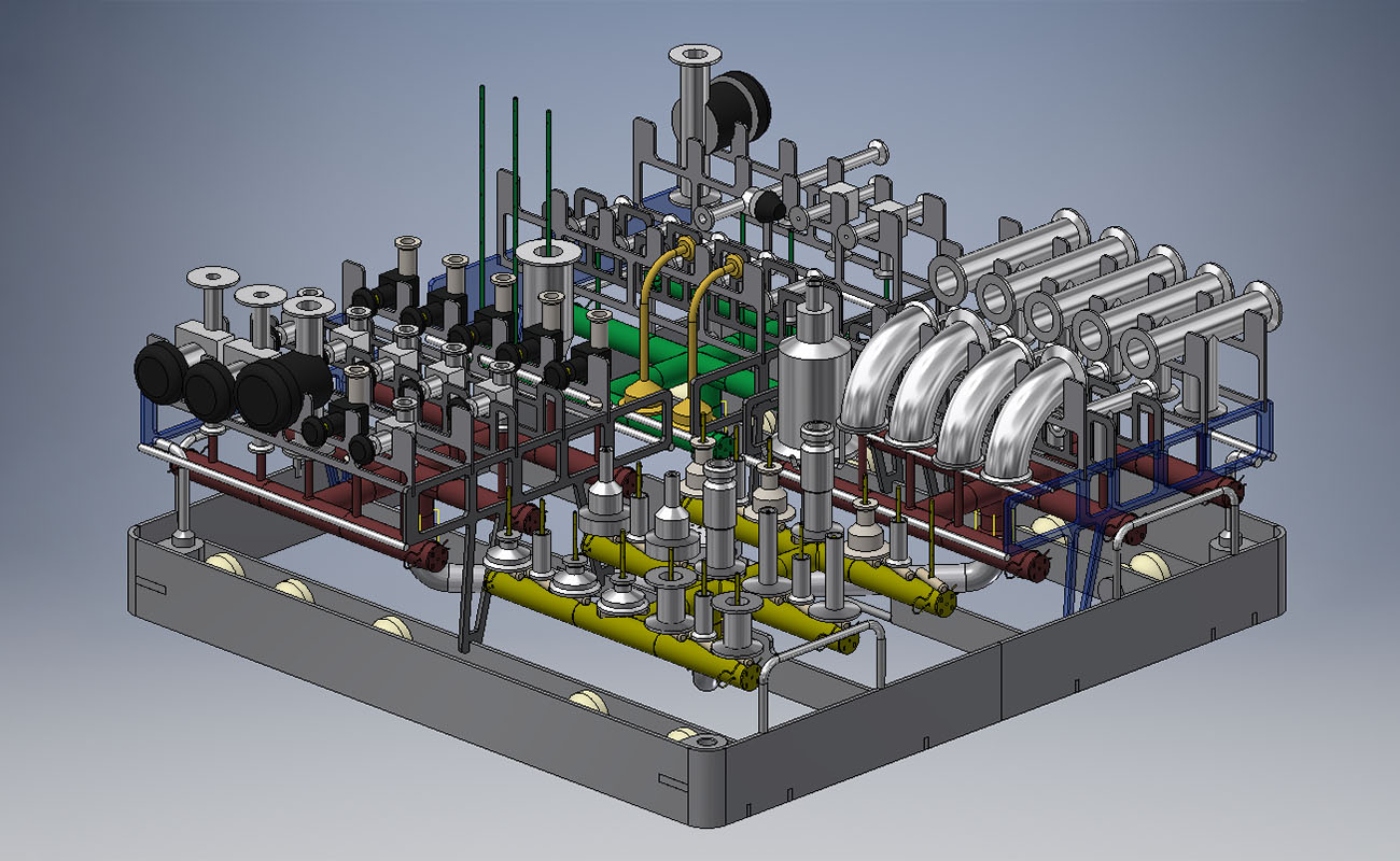 Imagen 3D de un rack de lavado hecho a medida para partes y componentes
