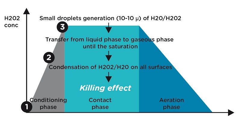 Graph of a decontamination cycle with VH2O2 by nebulisation.