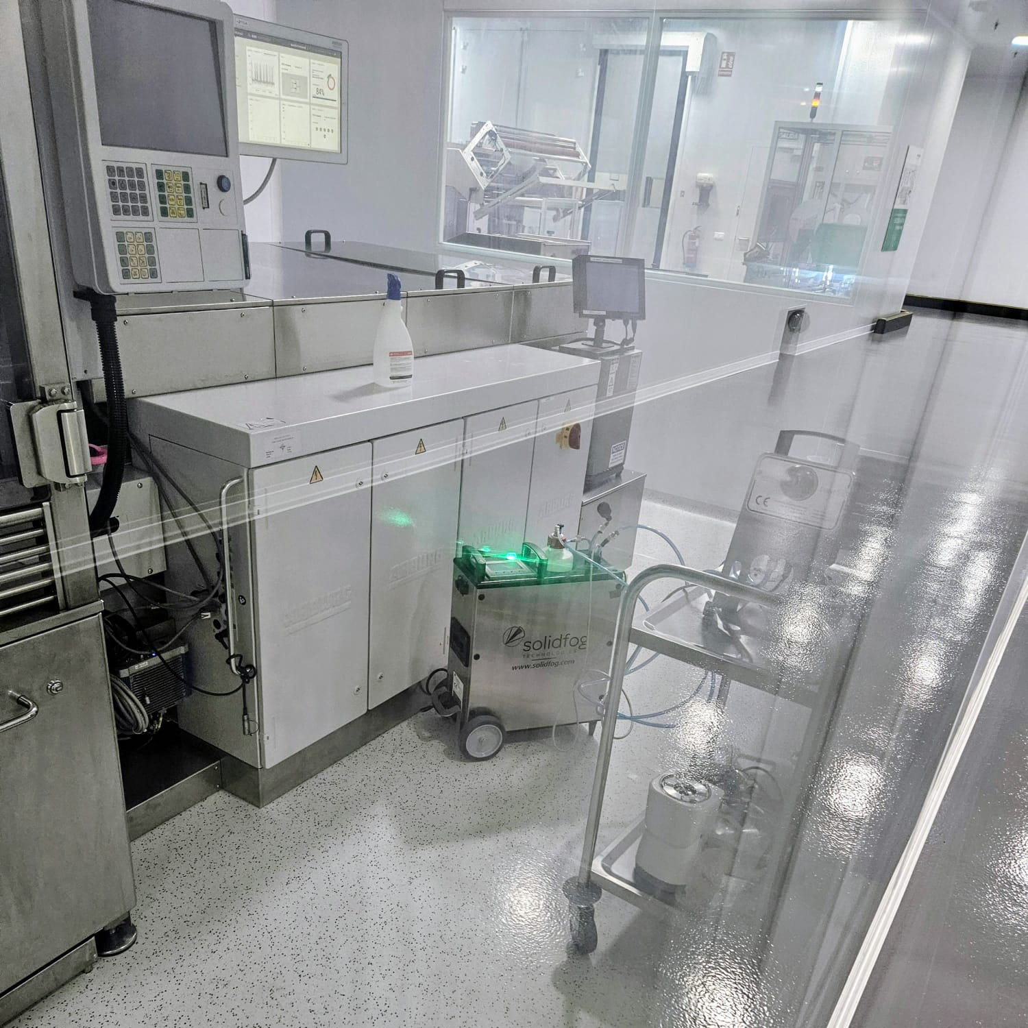 additional view of airborne biodecontamination using vaporized hydrogen peroxide (VH₂O₂) with a remote spray head, ensuring full coverage of the treated volume